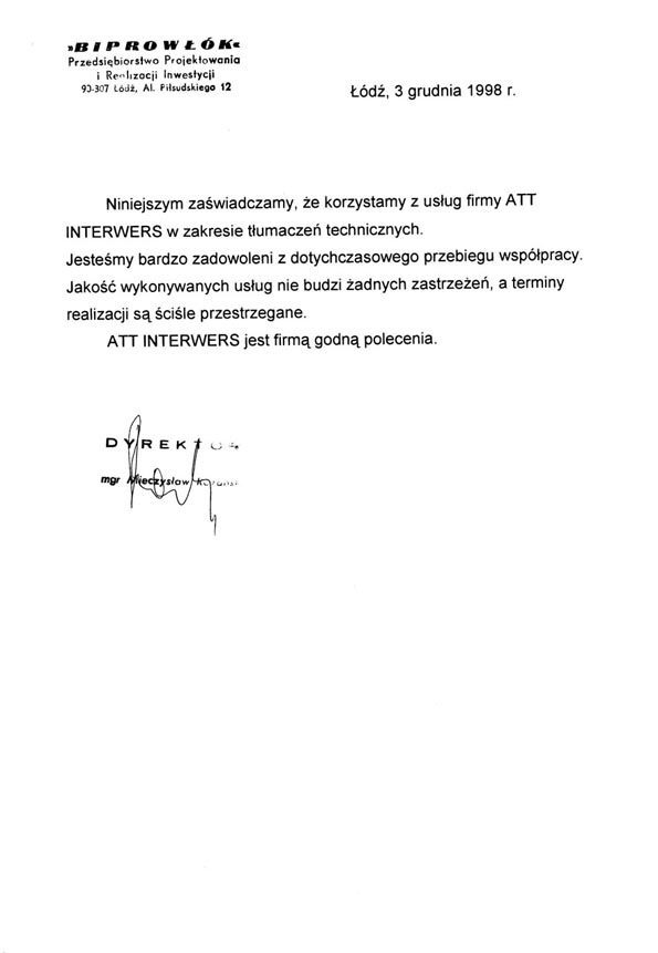 Tłumaczenia projektów architektonicznych w CAD. Rekomendacja od Biprowłók dla Biura Tłumaczeń ATT za tłumaczenia techniczne z dziedziny budownictwa z języka francuskiego