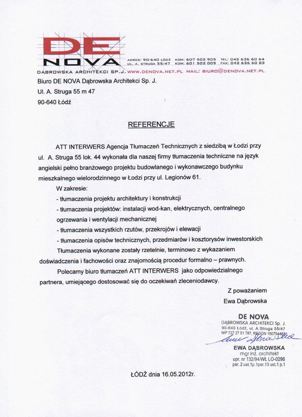 Opinia biura architektonicznego De Nova o Biurze Tłumaczeń ATT wystawiona w związku z doskonałym tłumaczeniem projektu budowlanego